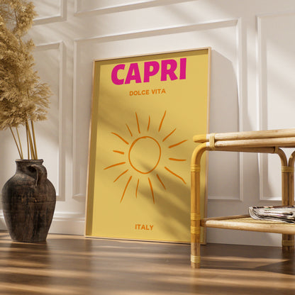 Capri Italy Travel Poster, Dolce Vita Wall Art, Retro Sun Print, Italian Holiday Decor