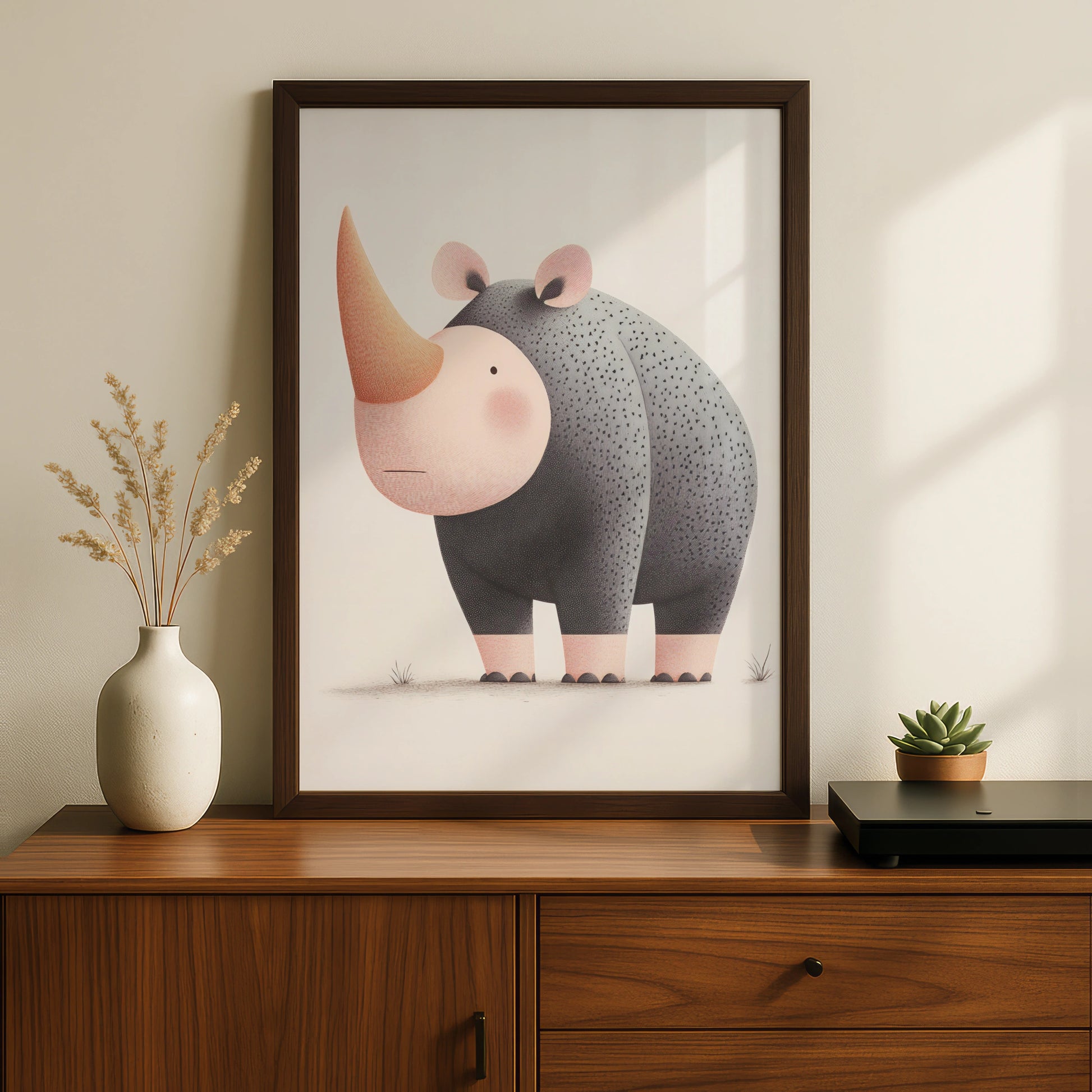 Cute Rhino Nursery Wall Art, Safari Animal Print, Kids Room Poster, Grey Pink Decor