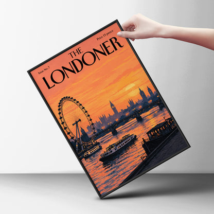London Skyline Sunset Poster, Thames River Wall Art, Retro Magazine Cover Art Print, Orange Decor