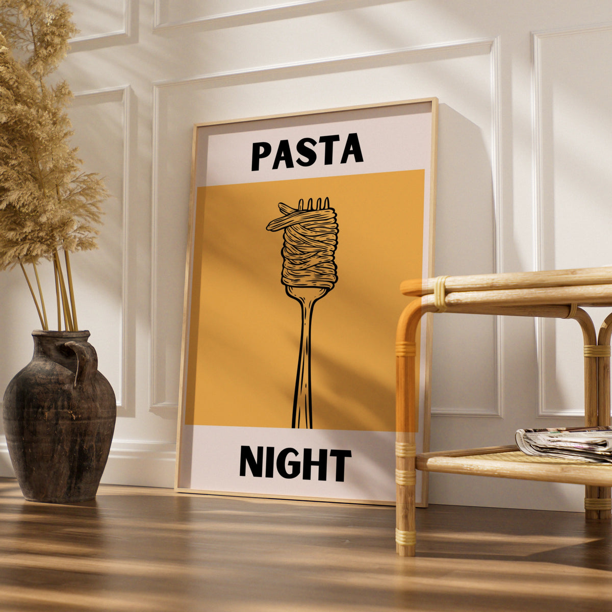 Pasta Night Kitchen Poster, Bold Spaghetti Fork Print, Modern Food Wall Art, Yellow Italian Decor