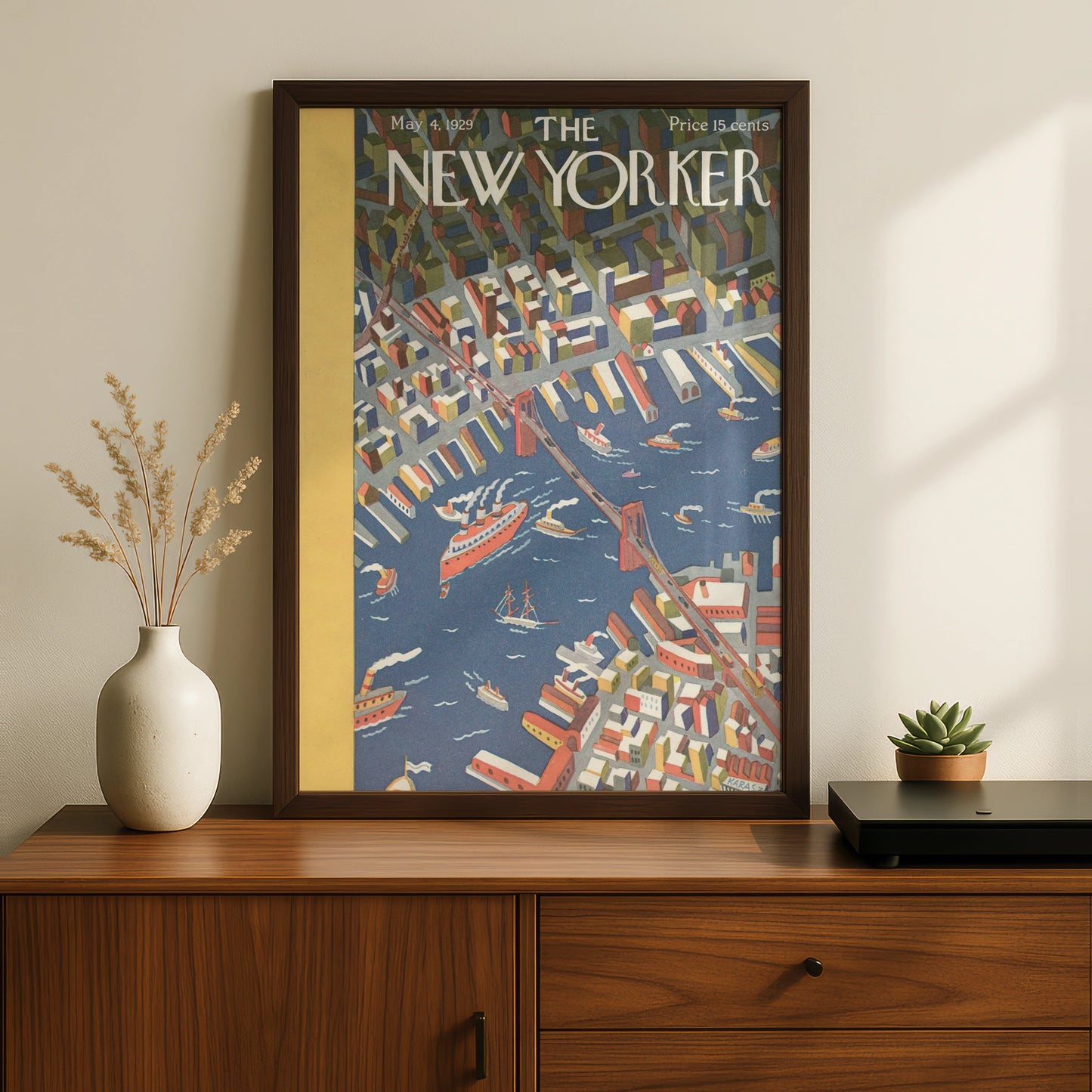 New Yorker 1929 Cover Poster, Brooklyn Bridge Aerial View, Vintage NYC Wall Art