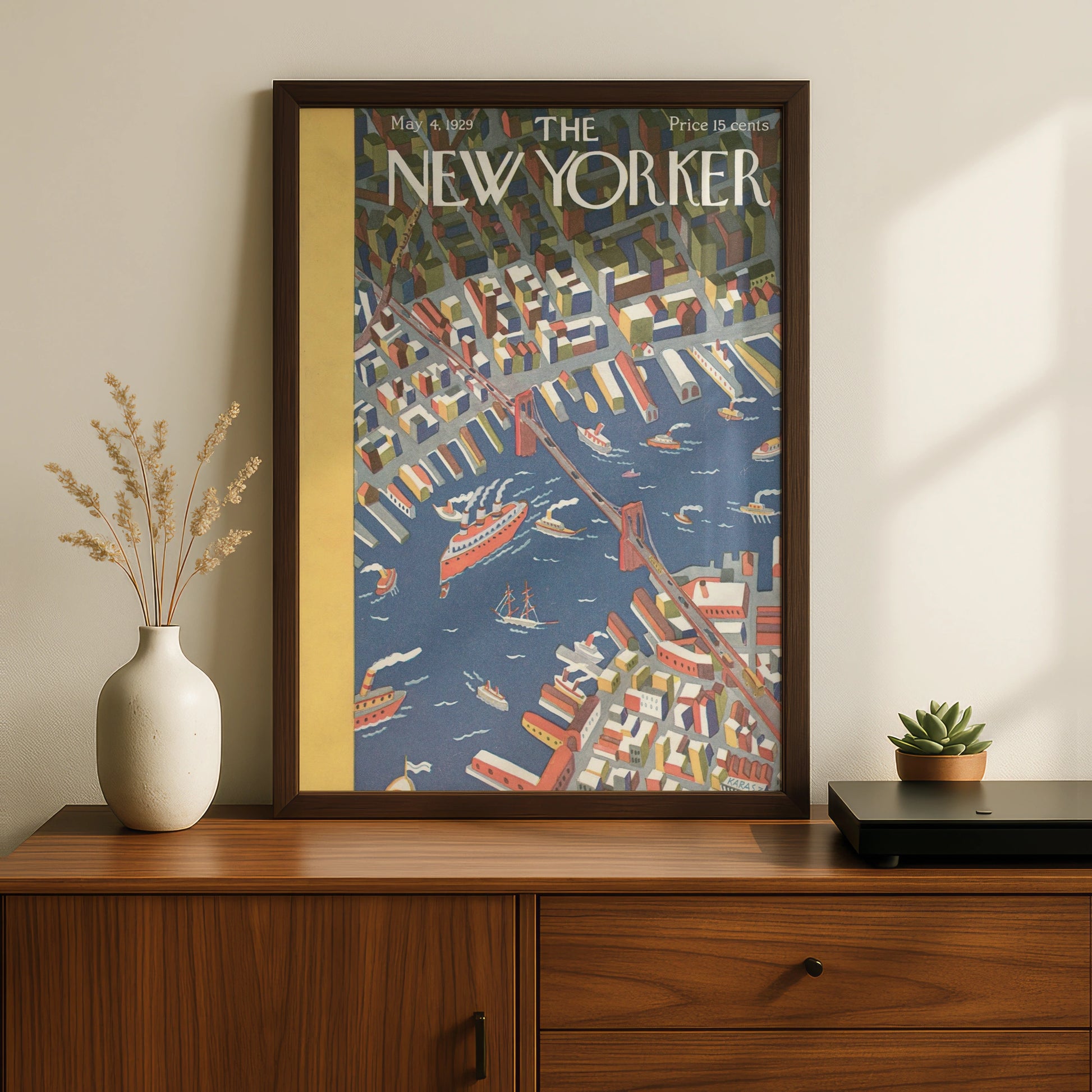 New Yorker 1929 Cover Poster, Brooklyn Bridge Aerial View, Vintage NYC Wall Art