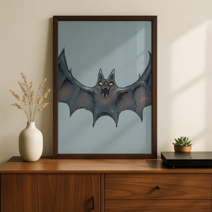 Halloween Bat Wall Art, Spooky Black Bat Poster, Gothic Horror Print, Dark Grey Orange Eyes