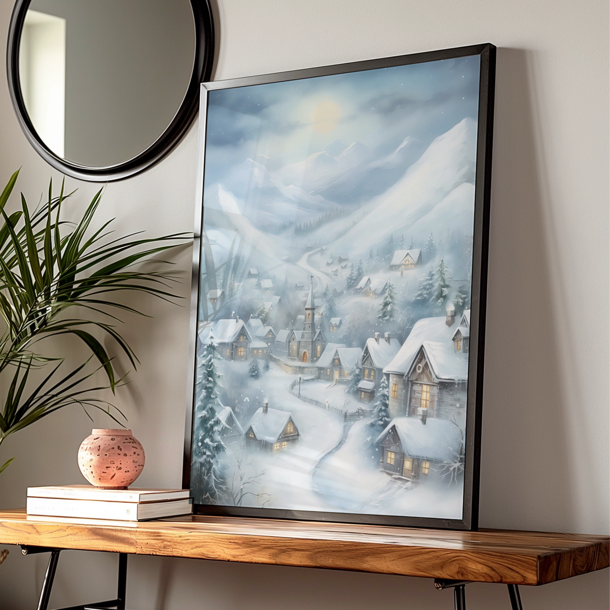 Christmas Village Poster, Snowy Winter Scene Wall Art, Festive Holiday Print, Blue Grey Cottage