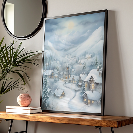 Christmas Village Poster, Snowy Winter Scene Wall Art, Festive Holiday Print, Blue Grey Cottage
