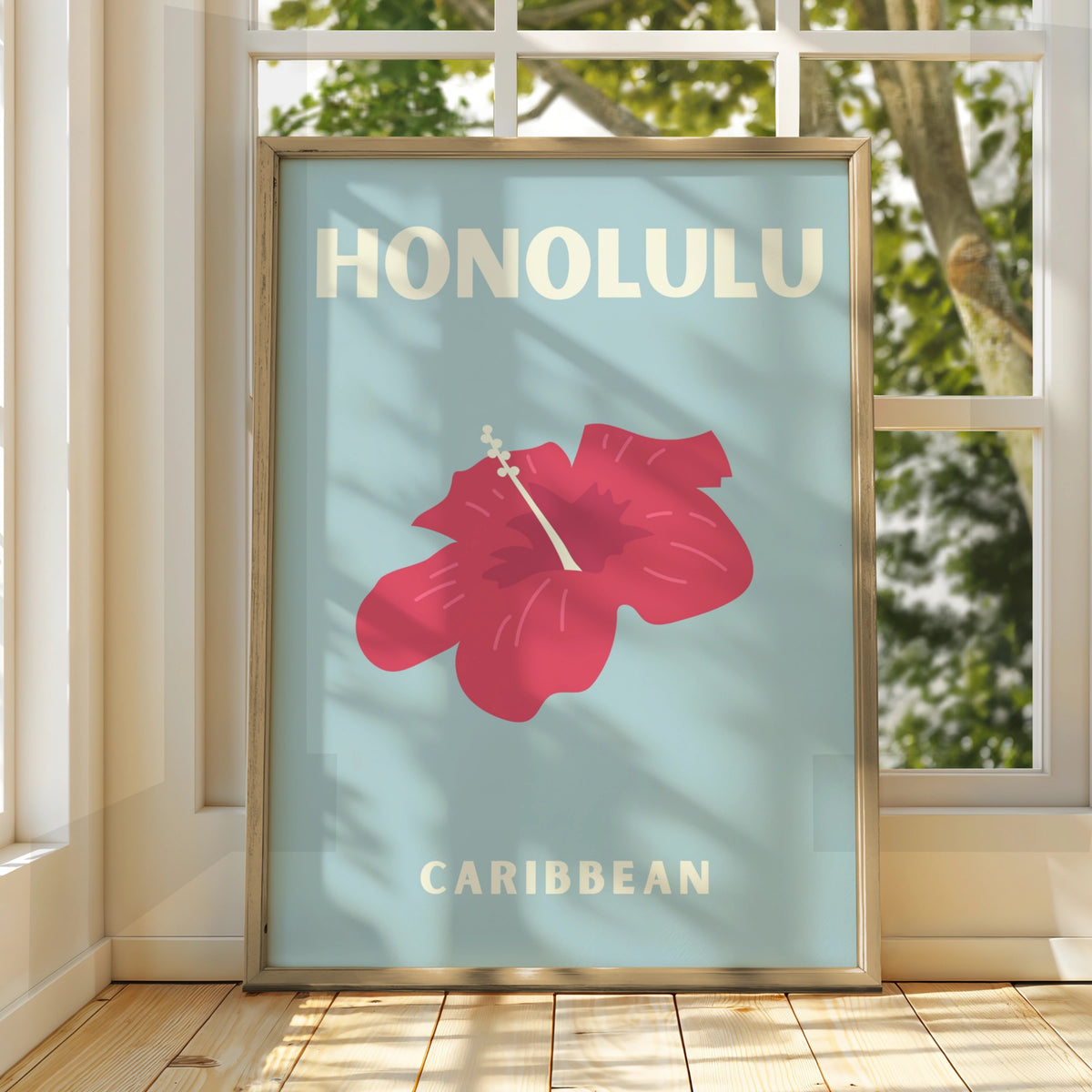 Honolulu Travel Poster, Hawaii Wall Art, Retro Hibiscus Print, Tropical Blue Decor