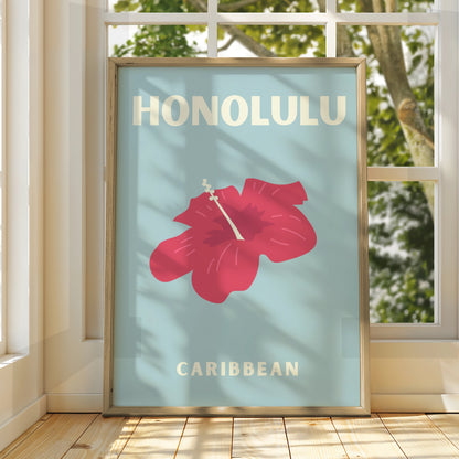 Honolulu Travel Poster, Hawaii Wall Art, Retro Hibiscus Print, Tropical Blue Decor