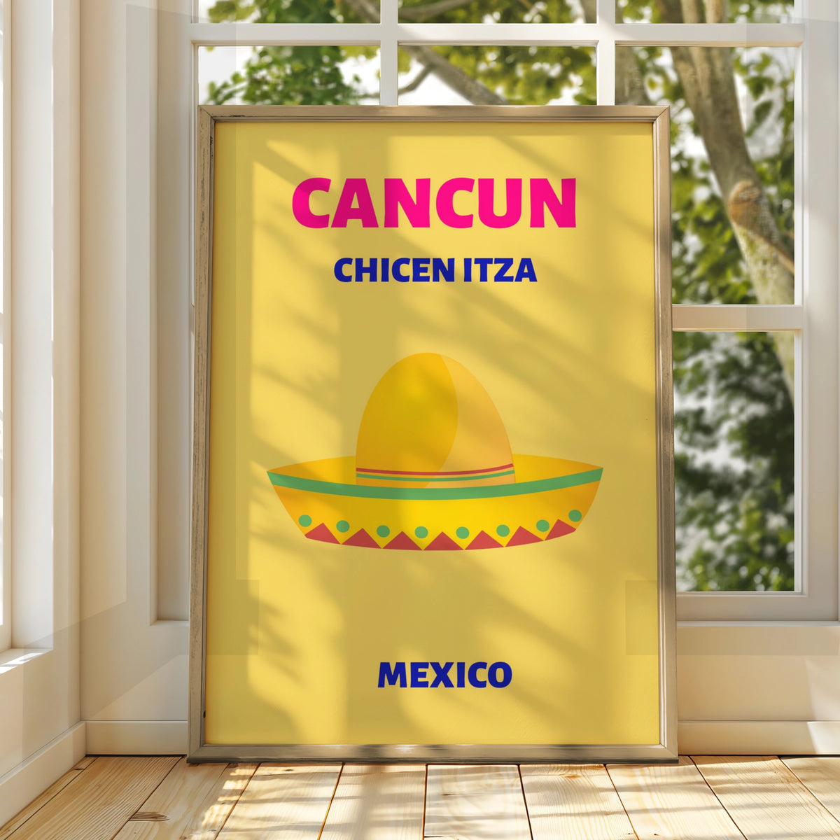 Cancun Mexico Travel Poster, Chichen Itza Wall Art, Retro Mexican Print, Bold Colourful Decor