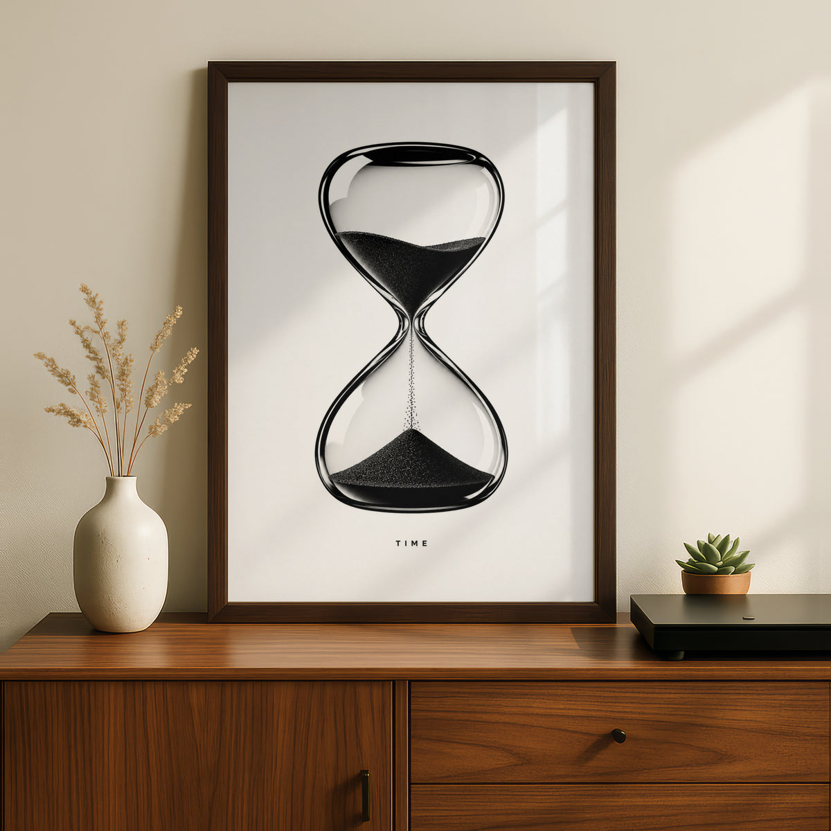 Hourglass Time Typography Print, Monochrome Wall Art, Black and White Minimalist Poster