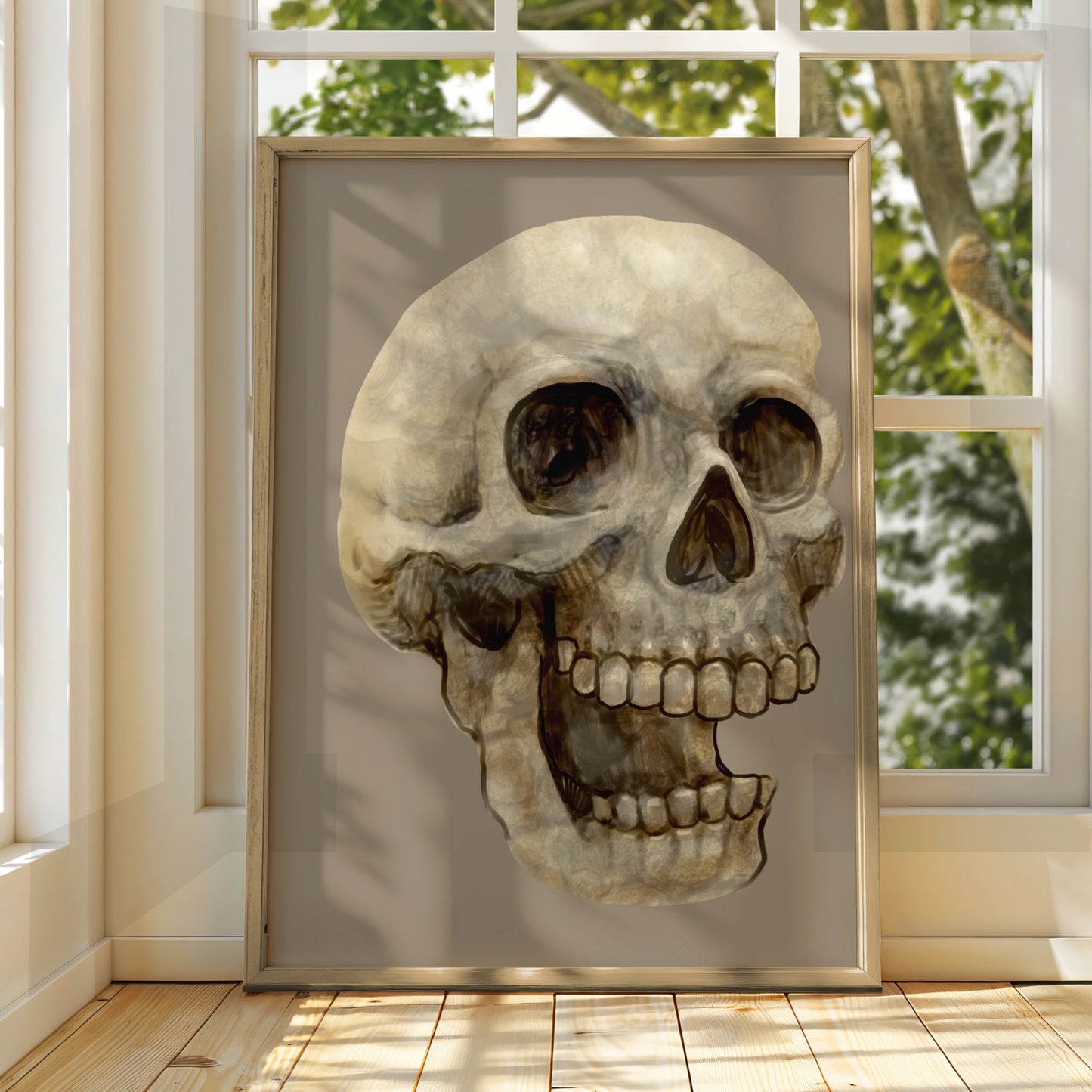 Halloween Skull Art Print, Spooky Skeleton Poster, Dark Gothic Wall Art, Beige Taupe Horror Decor