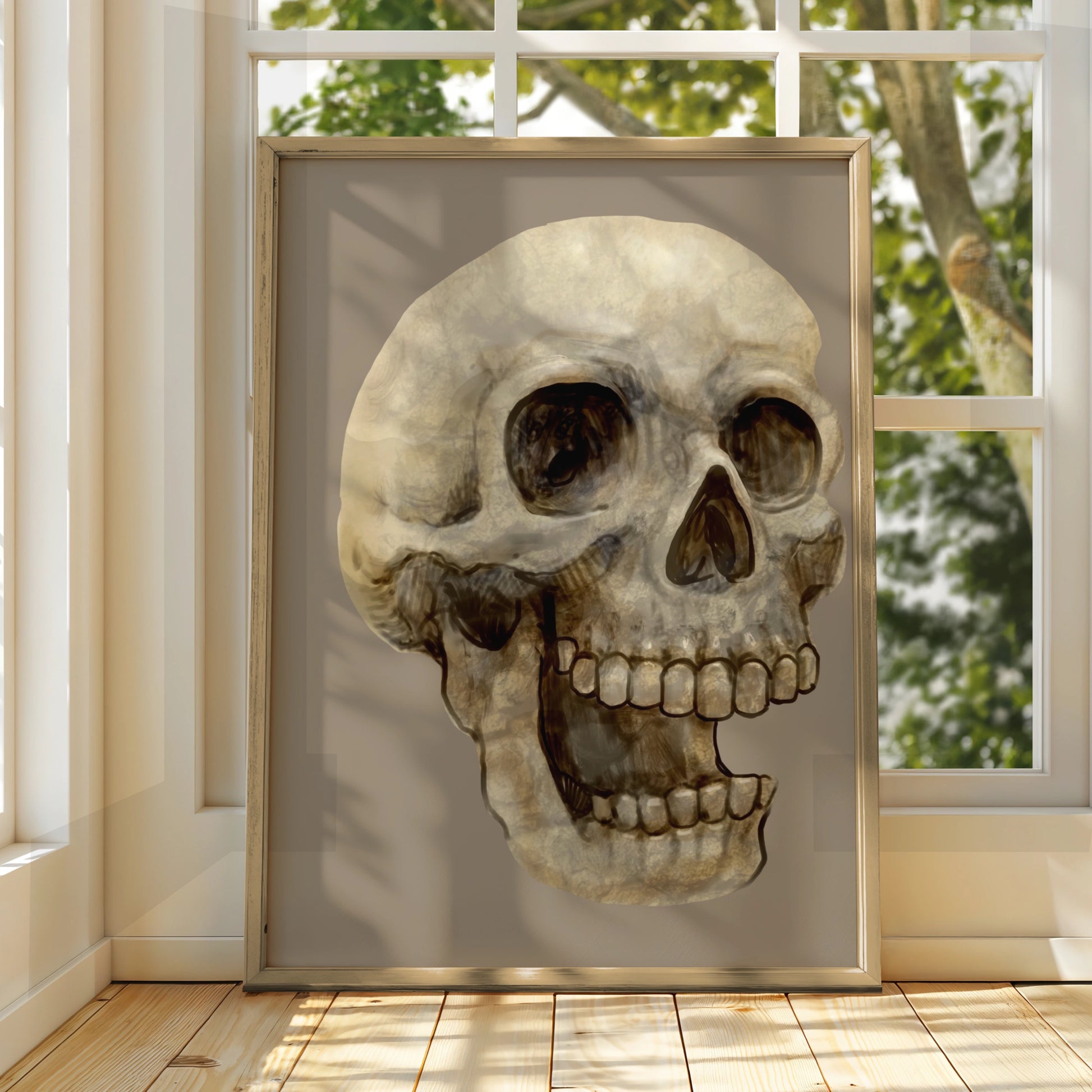 Halloween Skull Art Print, Spooky Skeleton Poster, Dark Gothic Wall Art, Beige Taupe Horror Decor