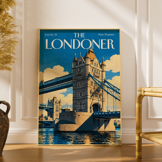 Tower Bridge London Poster, Vintage Magazine Cover Wall Art, Blue Cityscape Art Print, Living Room