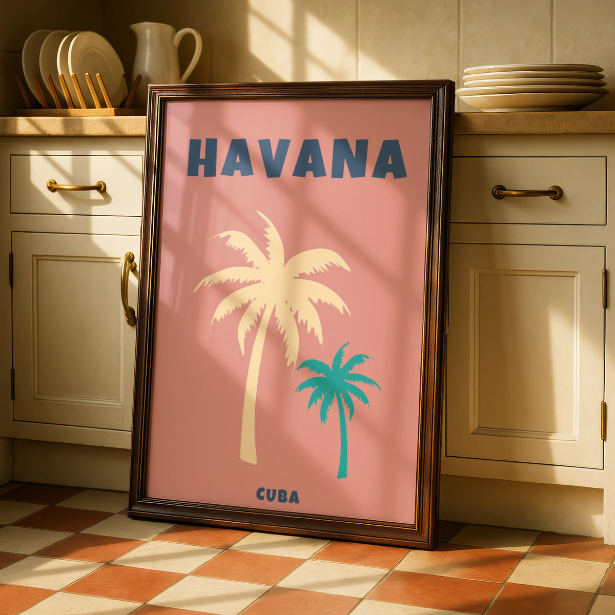 Havana Cuba Travel Poster, Retro Palm Tree Wall Art, Tropical Print, Pink Teal
