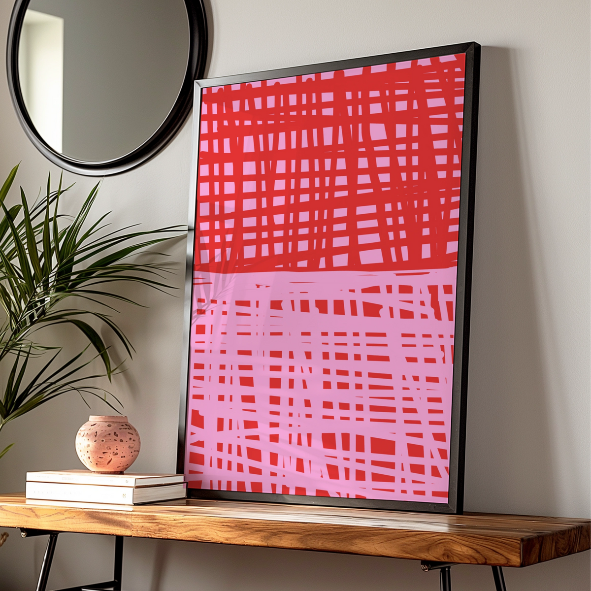 Maximalist Red Pink Grid Pattern Poster, Bold Abstract Wall Art, Modern Graphic Print