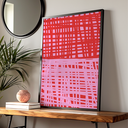 Maximalist Red Pink Grid Pattern Poster, Bold Abstract Wall Art, Modern Graphic Print
