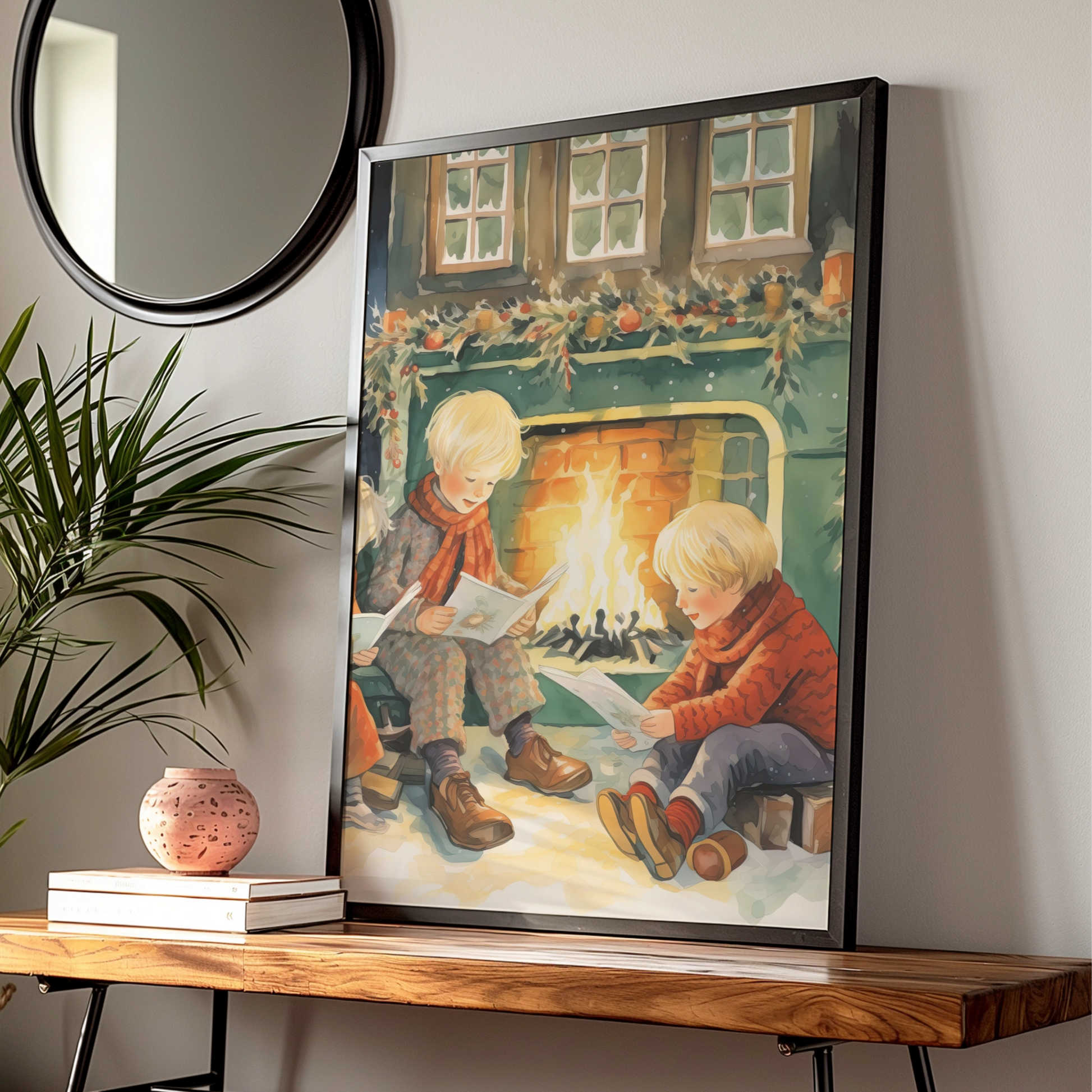 Christmas Fireplace Poster, Children Reading by Fire, Vintage Festive Wall Art Print