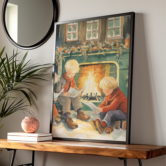 Christmas Fireplace Poster, Children Reading by Fire, Vintage Festive Wall Art Print
