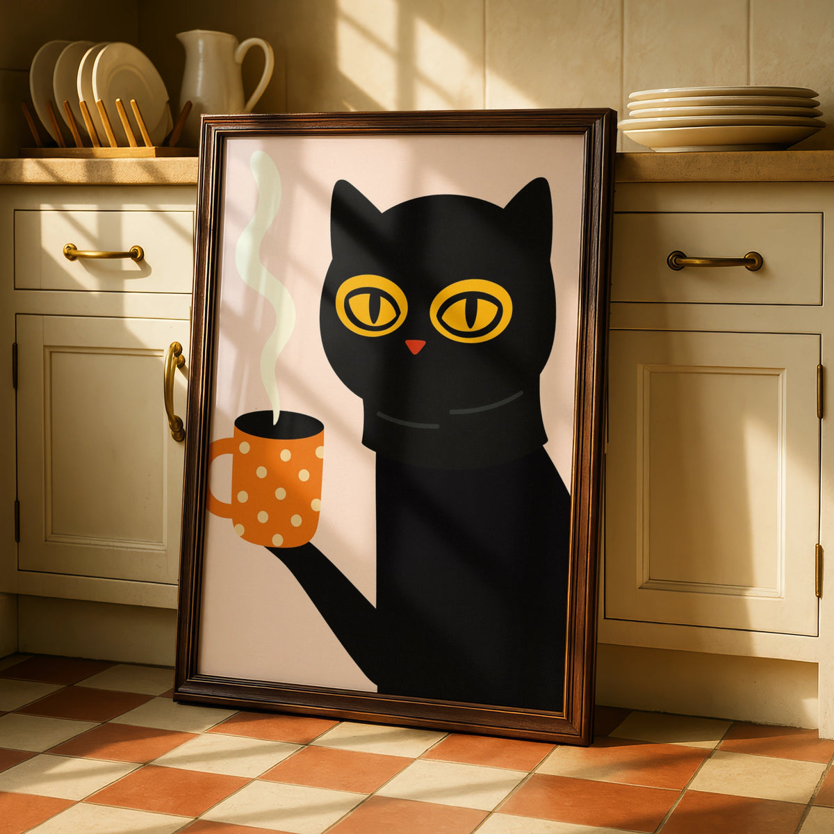 Black Cat Coffee Cartoon Poster, Funny Cat Wall Art, Quirky Kitchen Print