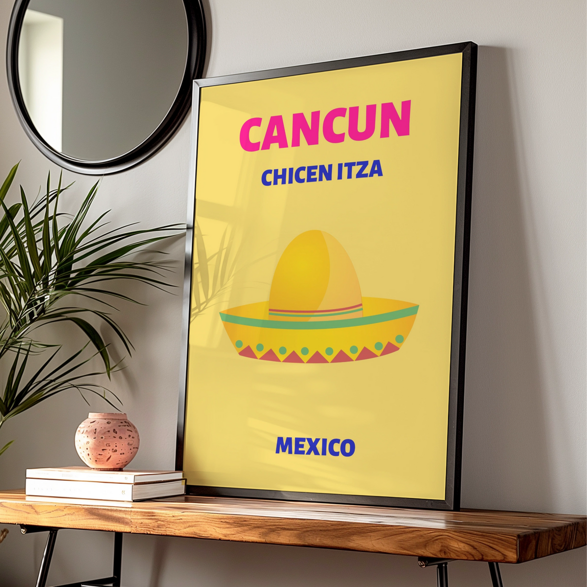 Cancun Mexico Travel Poster, Chichen Itza Wall Art, Retro Mexican Print, Bold Colourful Decor