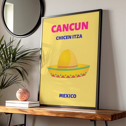 Cancun Mexico Travel Poster, Chichen Itza Wall Art, Retro Mexican Print, Bold Colourful Decor