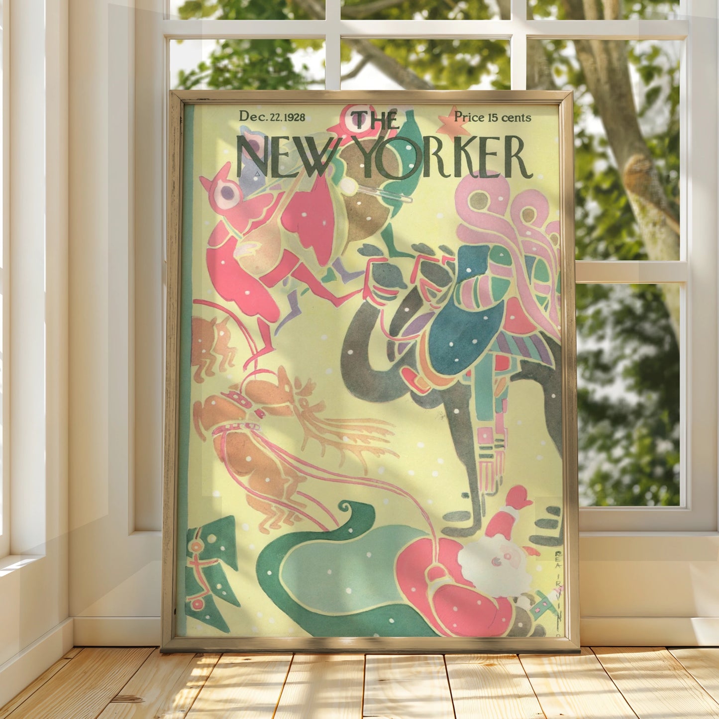 New Yorker Christmas 1928 Cover Poster, Santa Reindeer Art Deco Holiday Wall Art