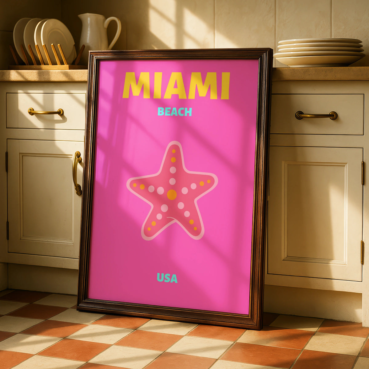 Miami Beach Travel Poster, Florida USA Wall Art, Retro Beach Print, Bold Pink Starfish Decor