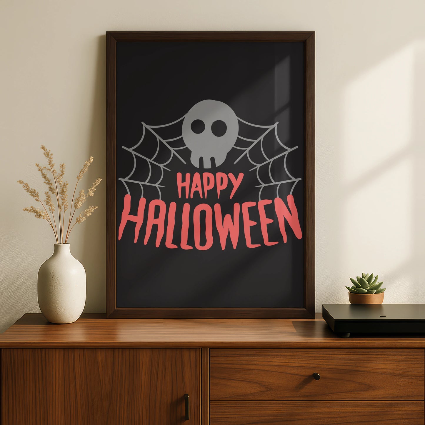 Happy Halloween Skull Spider Web Poster, Spooky Wall Art, Black Pink Halloween Print