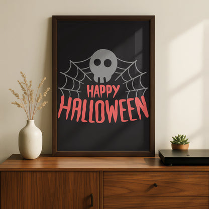 Happy Halloween Skull Spider Web Poster, Spooky Wall Art, Black Pink Halloween Print