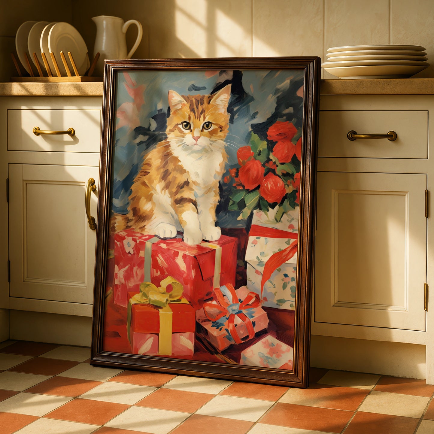 Christmas Cat Poster, Ginger Tabby with Gifts Wall Art, Festive Holiday Print for Cat Lovers