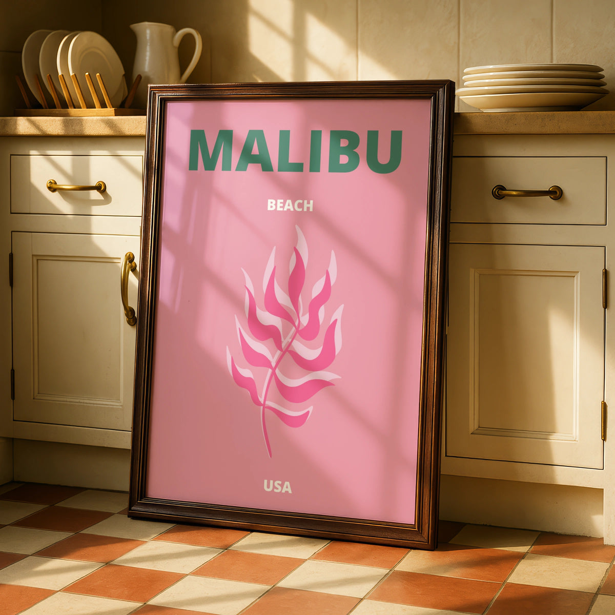 Malibu Beach Travel Poster, California USA Wall Art, Pink Retro Coastal Print