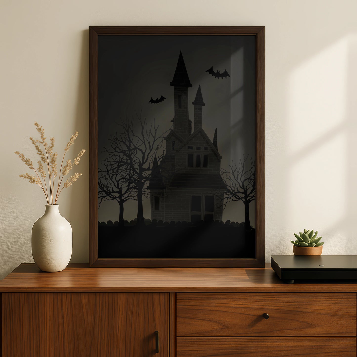 Halloween Haunted House Poster, Spooky Bat Wall Art, Dark Gothic Horror Print, Creepy Home Decor
