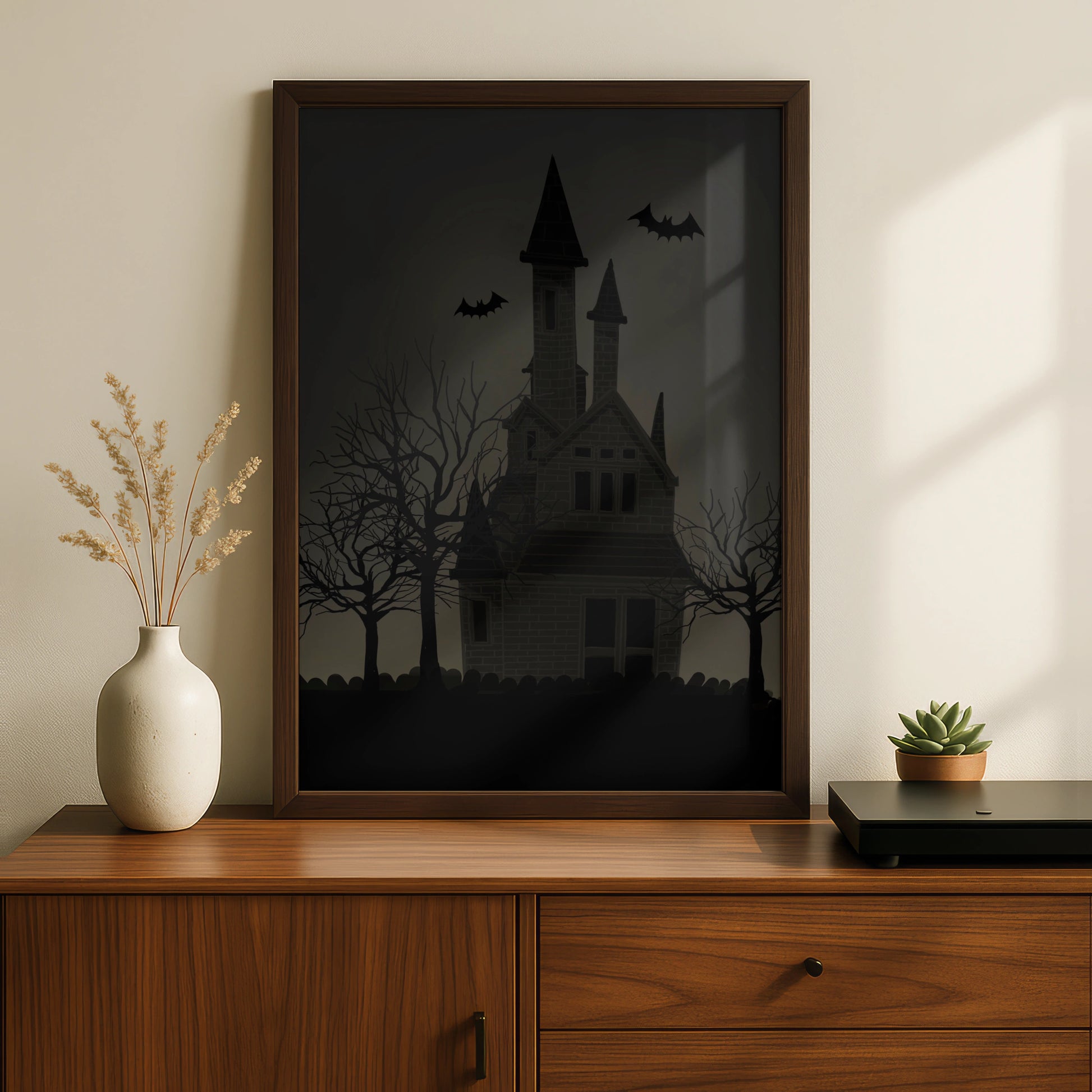 Halloween Haunted House Poster, Spooky Bat Wall Art, Dark Gothic Horror Print, Creepy Home Decor
