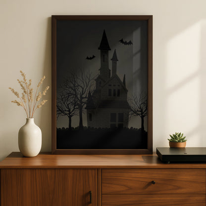 Halloween Haunted House Poster, Spooky Bat Wall Art, Dark Gothic Horror Print, Creepy Home Decor