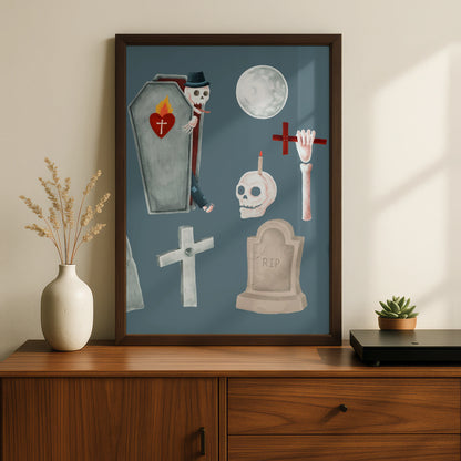 Halloween Ghost Skeleton Coffin Poster, Spooky Graveyard Wall Art, Skull RIP Print