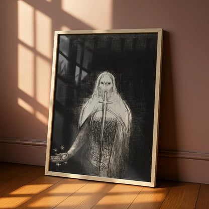 Halloween Gothic Ghost Figure Poster, Dark Occult Wall Art, Black White Sword Print
