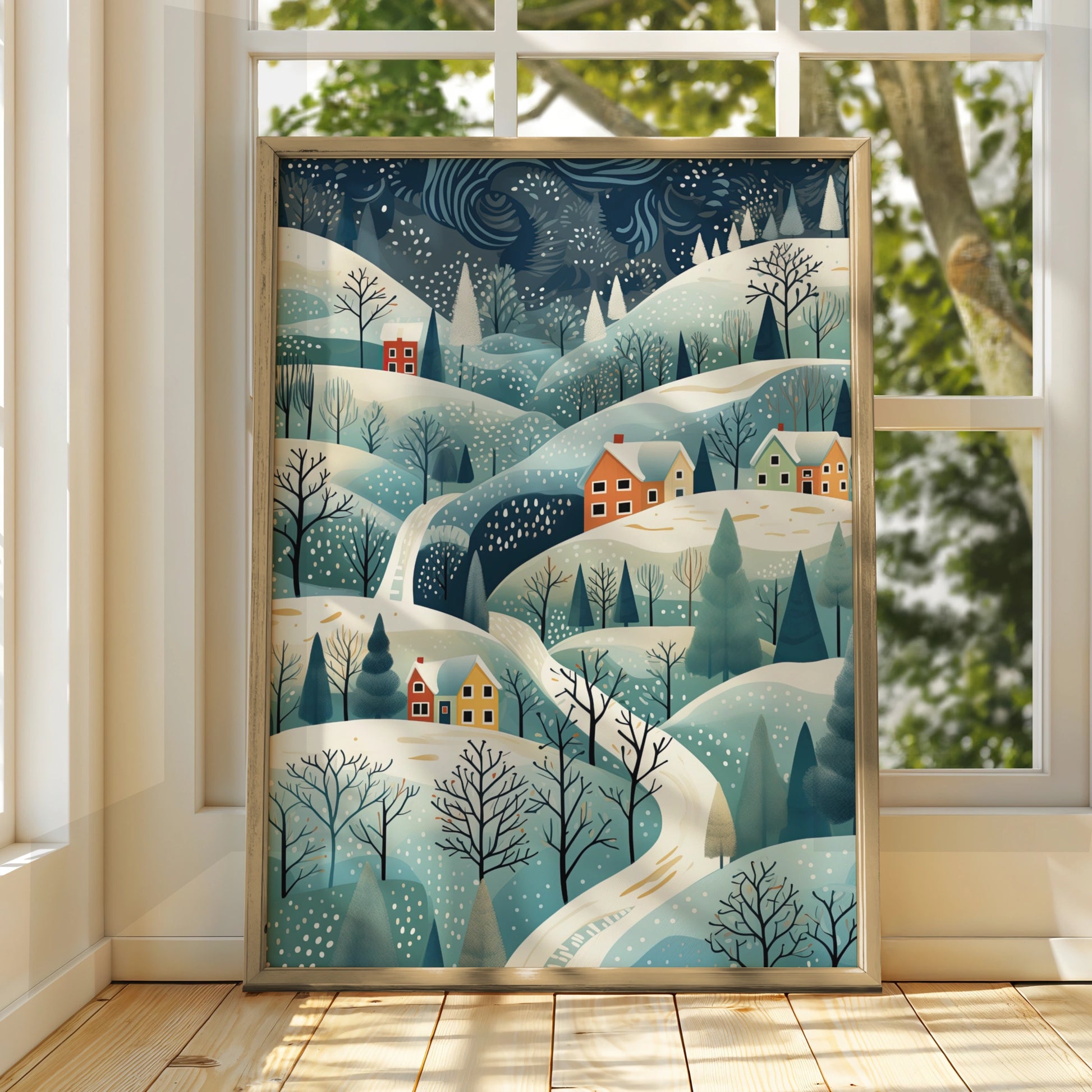 Christmas Village Poster, Snowy Winter Landscape Print, Festive Holiday Wall Art, Scandi Xmas Decor