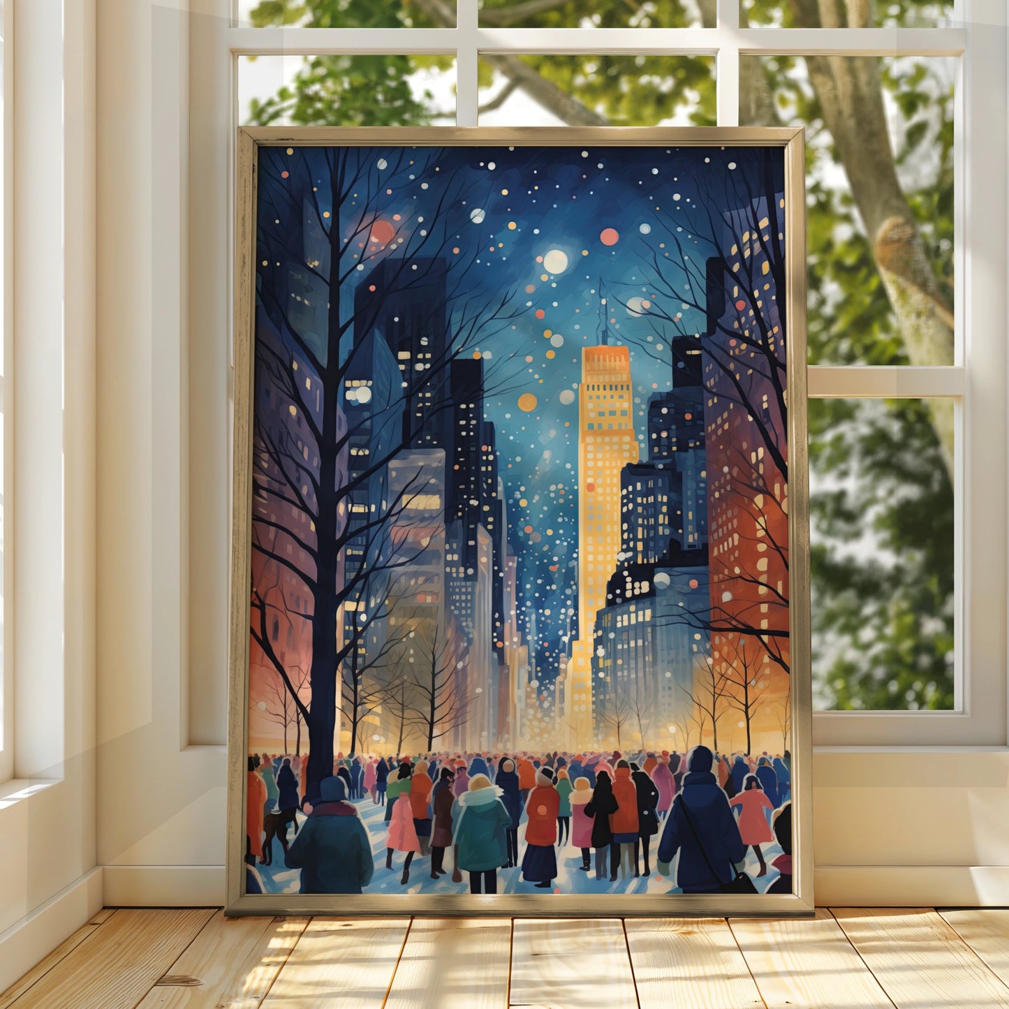 Christmas City Night Poster, Winter Snow Scene Wall Art, Festive New York Print
