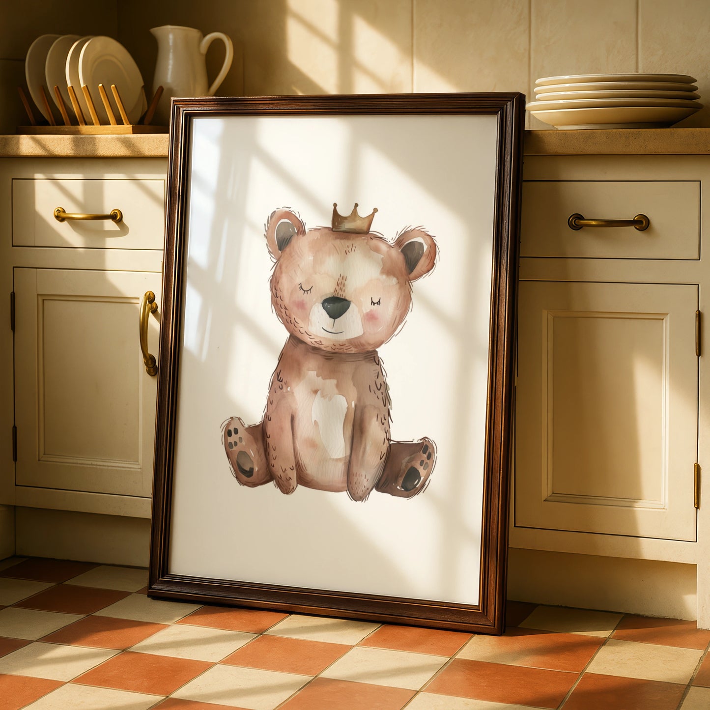 Nursery Wall Art Bear with Crown, Baby Bear Poster, Watercolour Kids Room Print