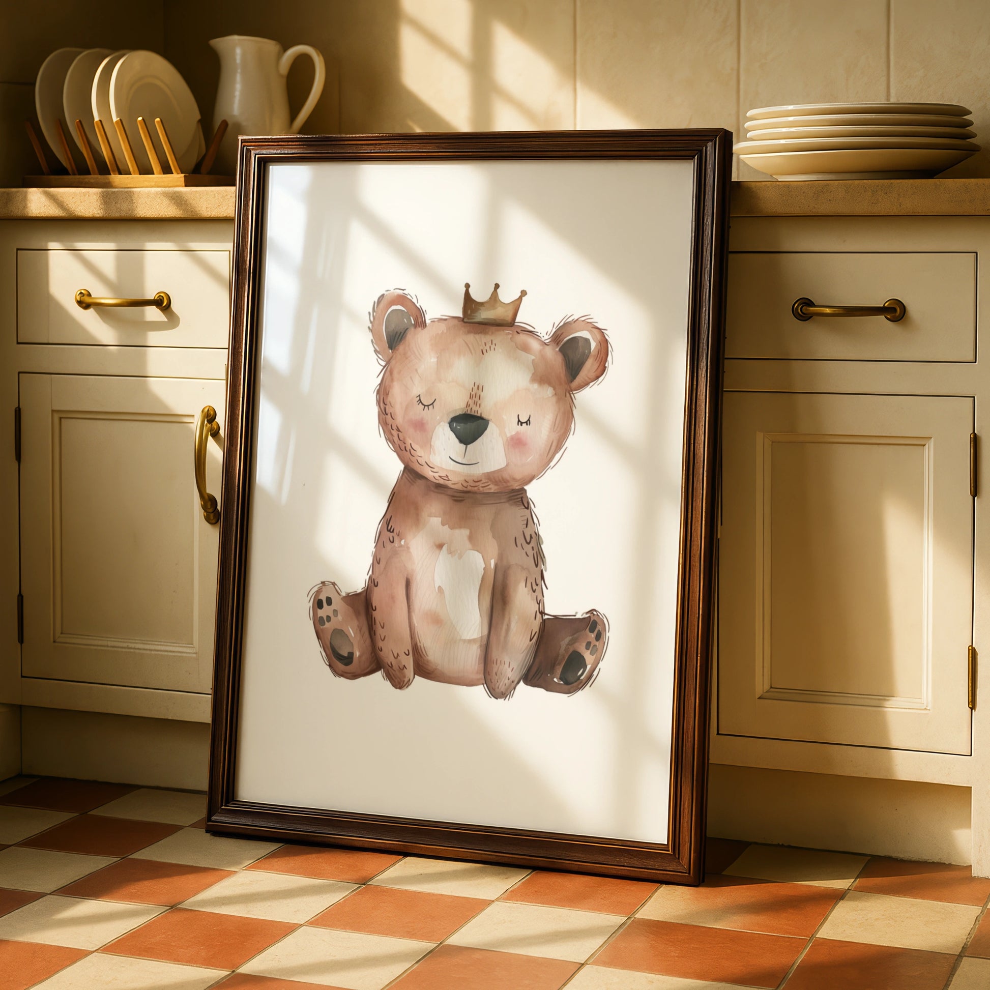 Nursery Wall Art Bear with Crown, Baby Bear Poster, Watercolour Kids Room Print