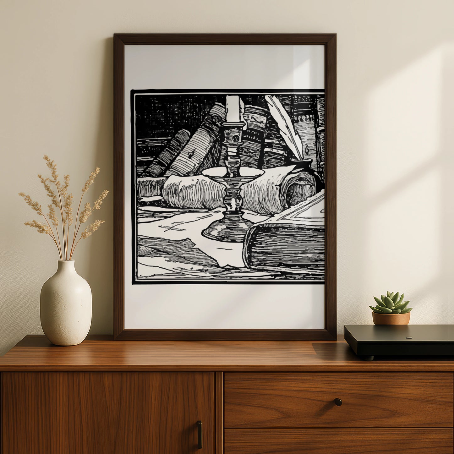 Halloween Witch Study Poster, Dark Academia Candle Books Wall Art, Gothic Black White Print