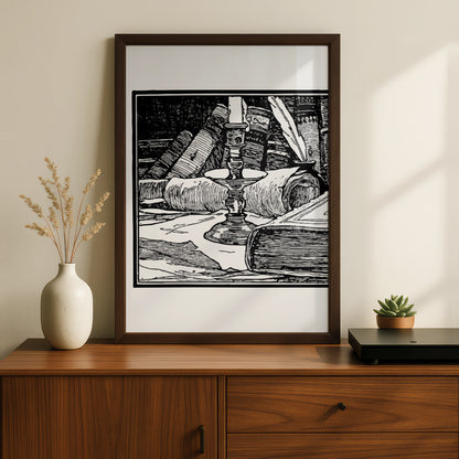 Halloween Witch Study Poster, Dark Academia Candle Books Wall Art, Gothic Black White Print