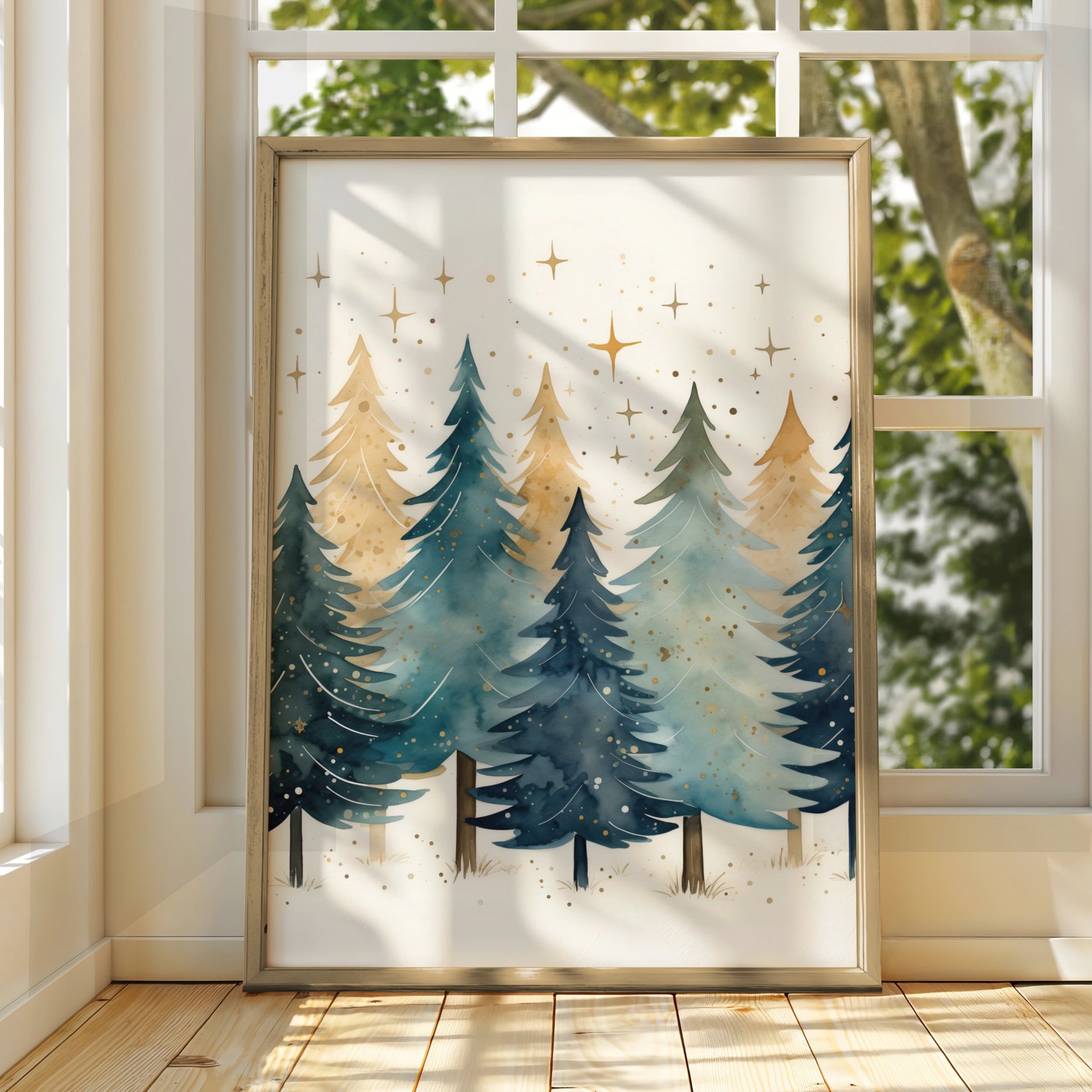 Christmas Tree Forest Poster, Watercolour Festive Wall Art, Teal Gold Xmas Print