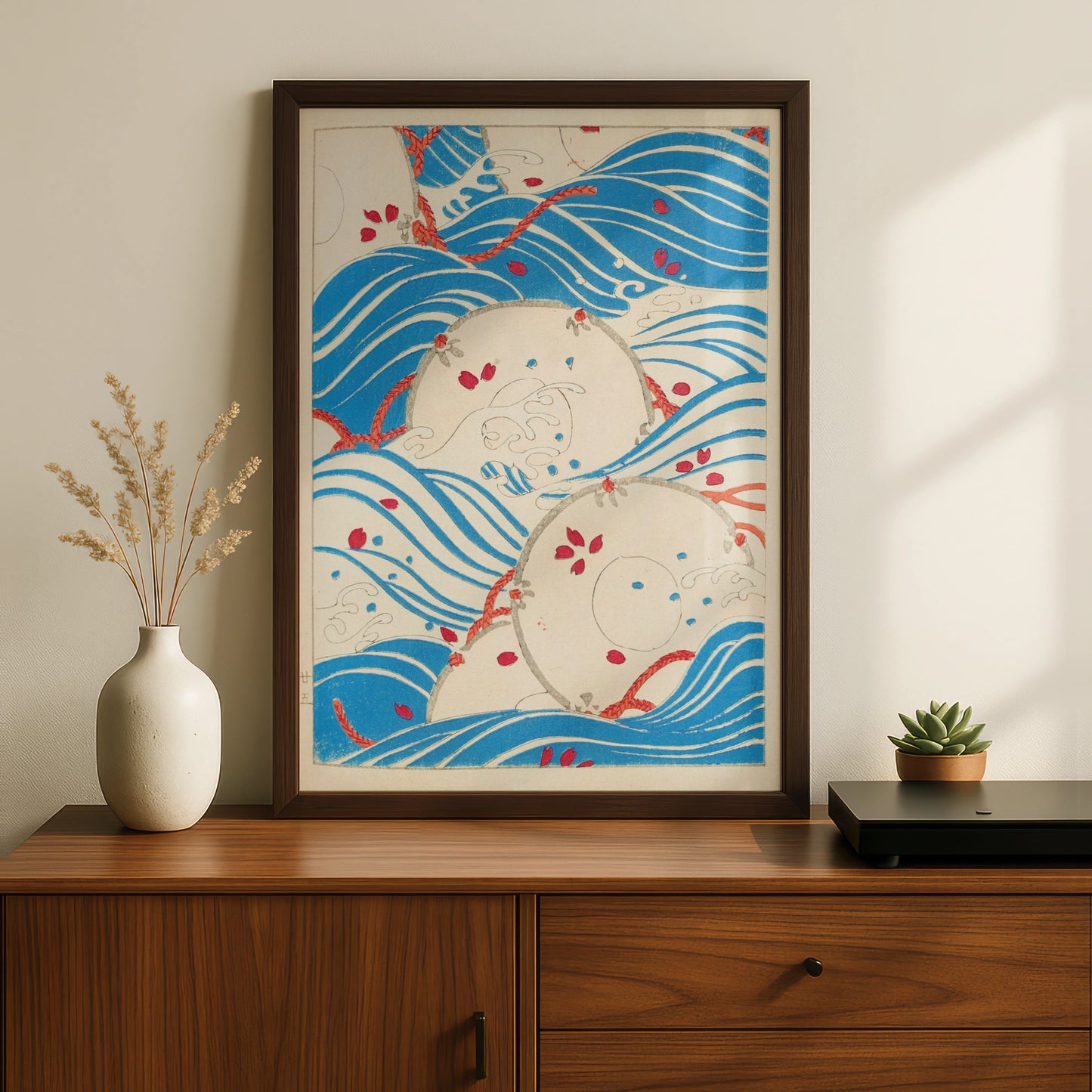 Japanese Woodblock Wave Art, Vintage Bijutsukai Print, Floral Japandi Wall Poster – A5 Black frame