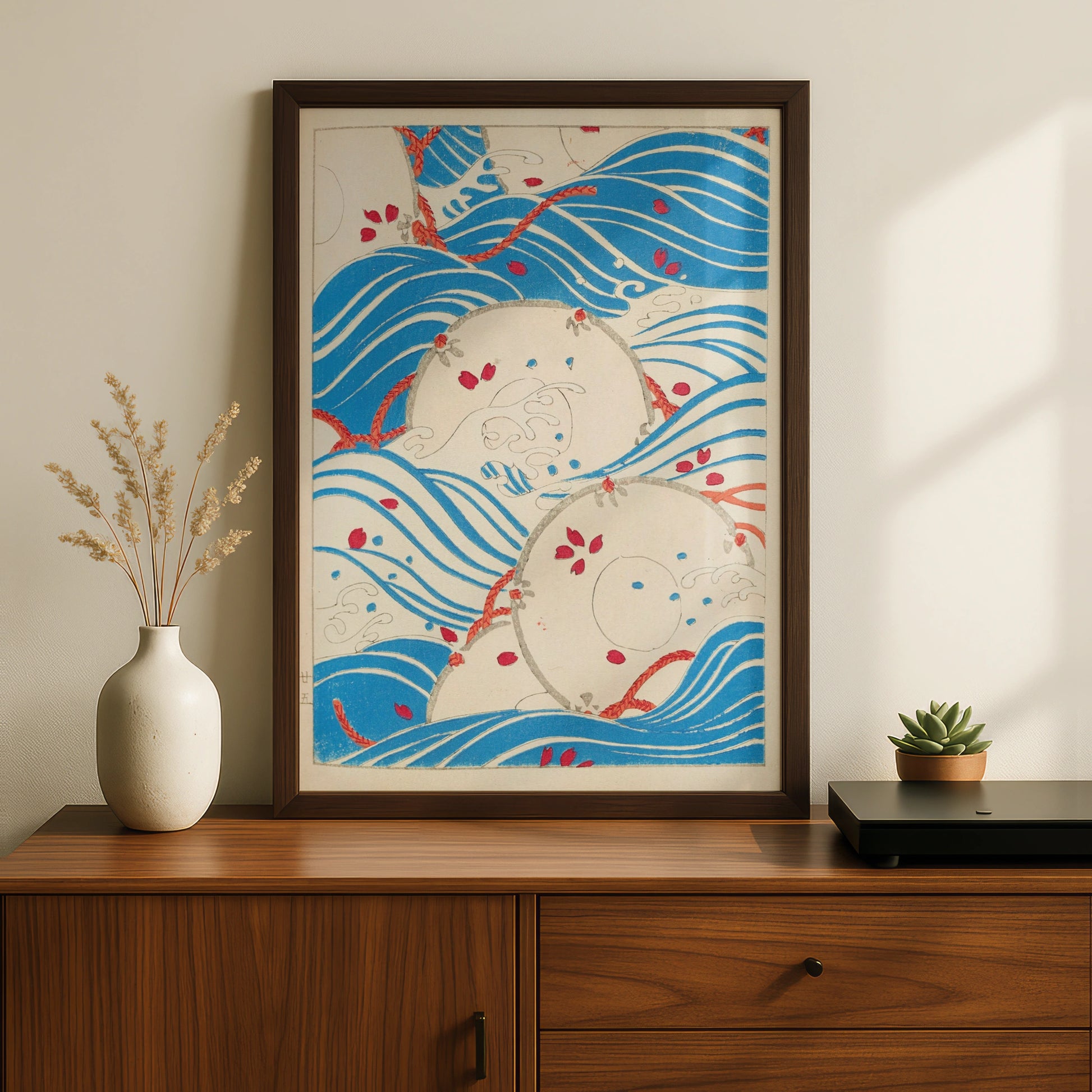 Japanese Woodblock Wave Art, Vintage Bijutsukai Print, Floral Japandi Wall Poster – A5 Black frame
