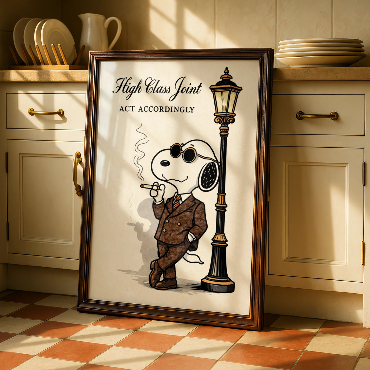 High Class Joint Cartoon Dog Poster, Dapper Suit Funny Wall Art, Quirky Retro Print