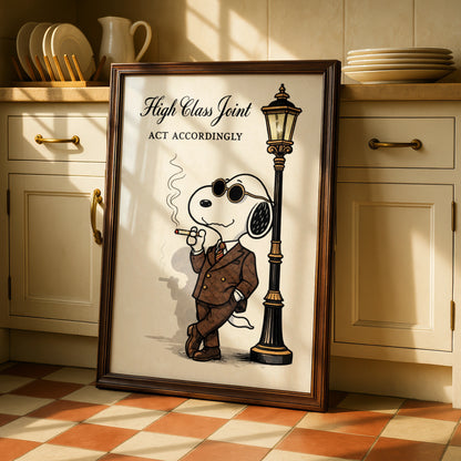 High Class Joint Cartoon Dog Poster, Dapper Suit Funny Wall Art, Quirky Retro Print