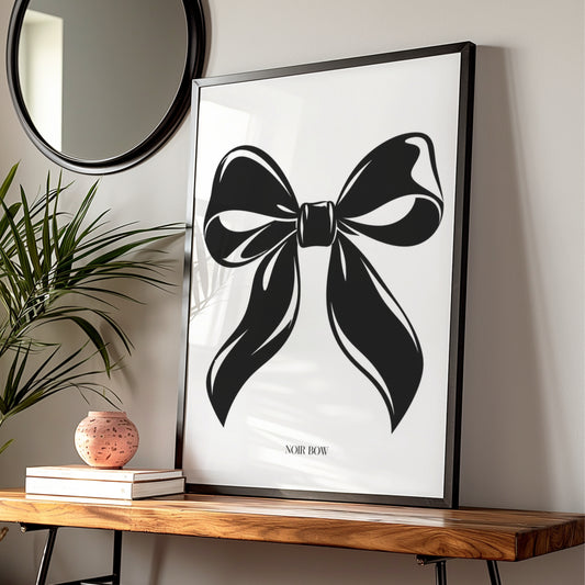 Noir Bow Print, Black and White Poster, Monochrome Wall Art, Minimalist Ribbon Decor