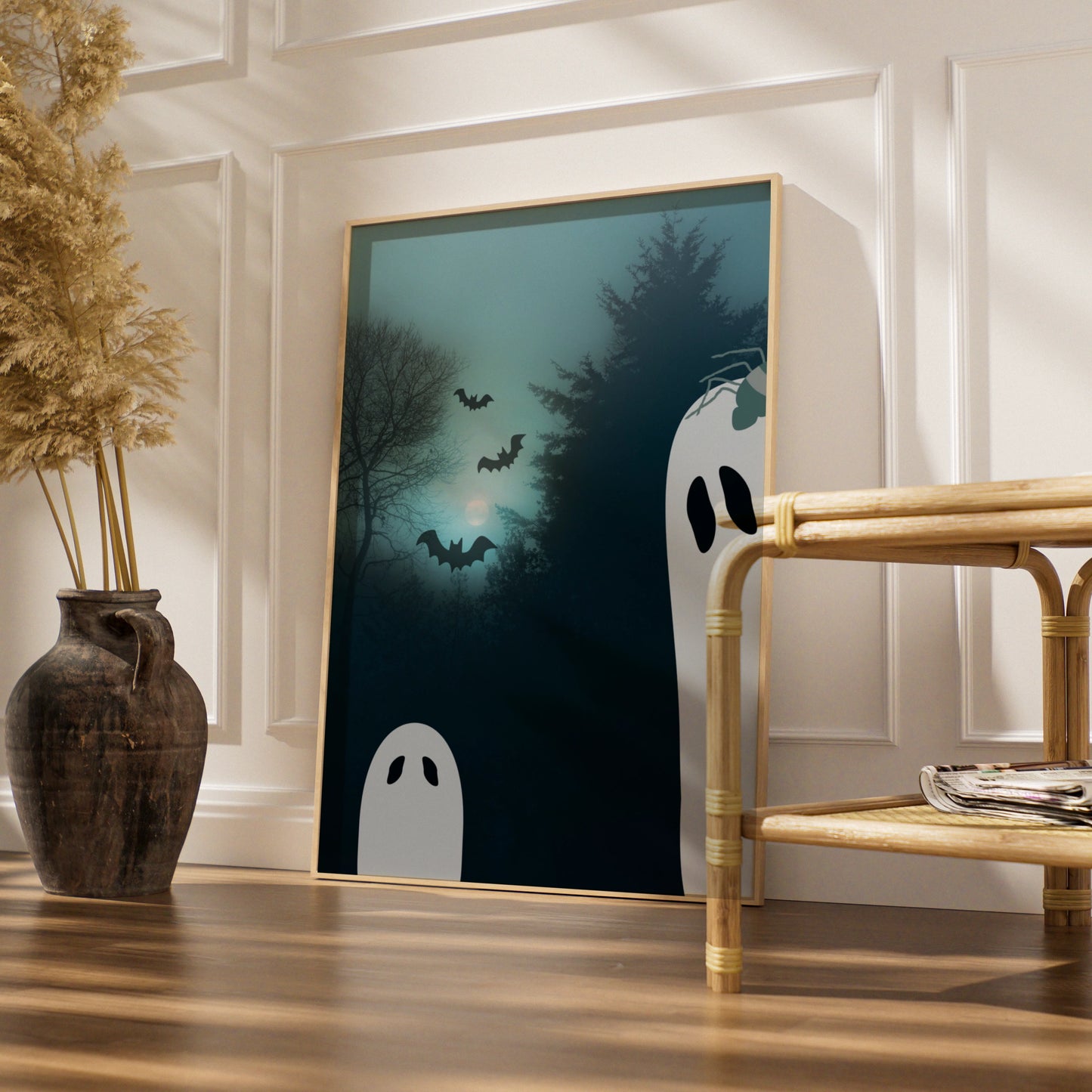 Halloween Ghost Poster, Spooky Forest Wall Art, Bats Full Moon Print, Teal Dark