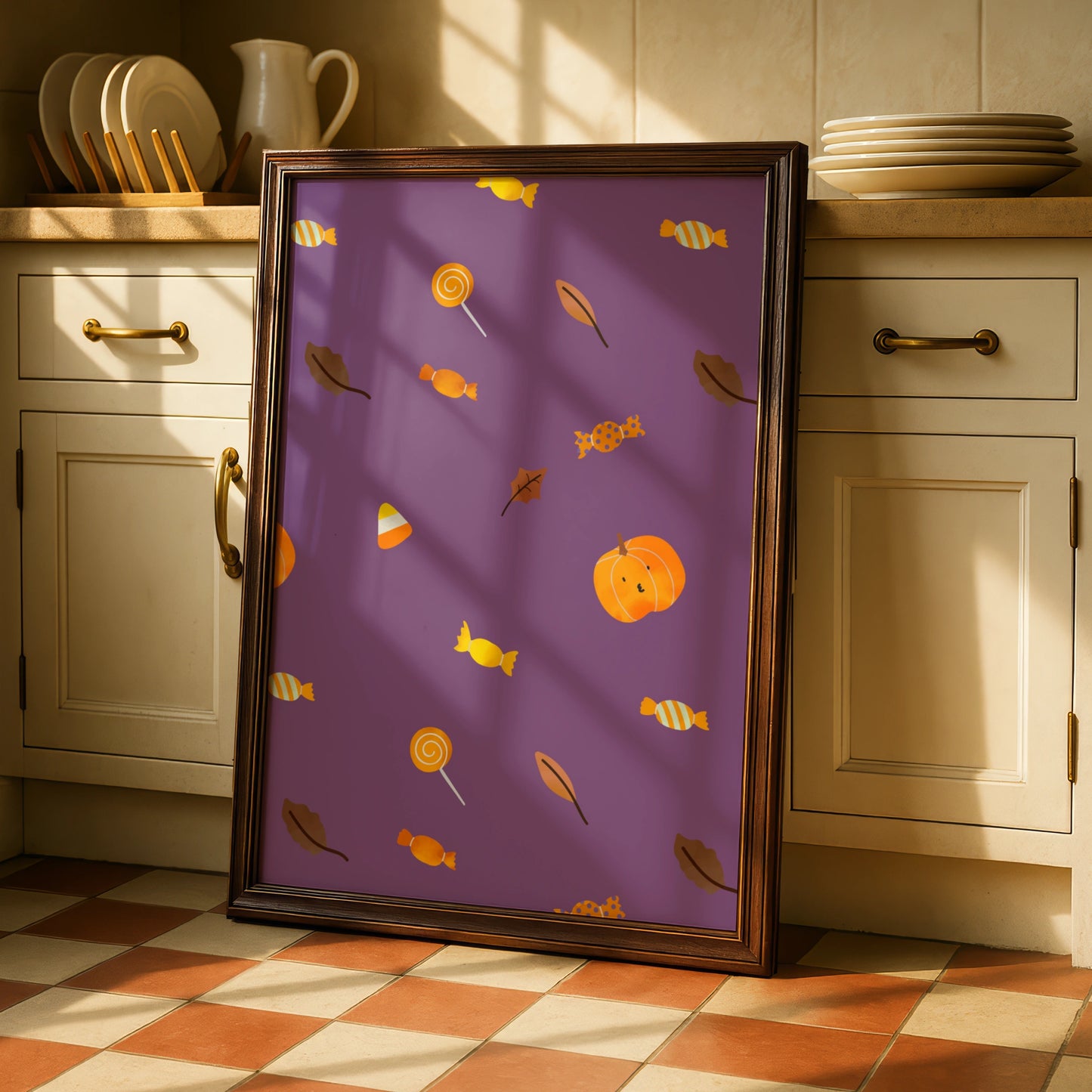 Halloween Candy Pattern Poster, Trick or Treat Wall Art, Pumpkin Purple Print