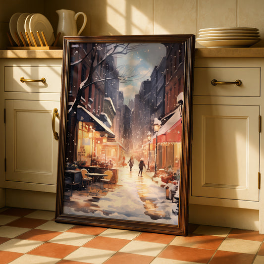 Christmas City Street Poster, Snowy Winter Scene Wall Art, Festive Holiday Print, Cosy Xmas Decor